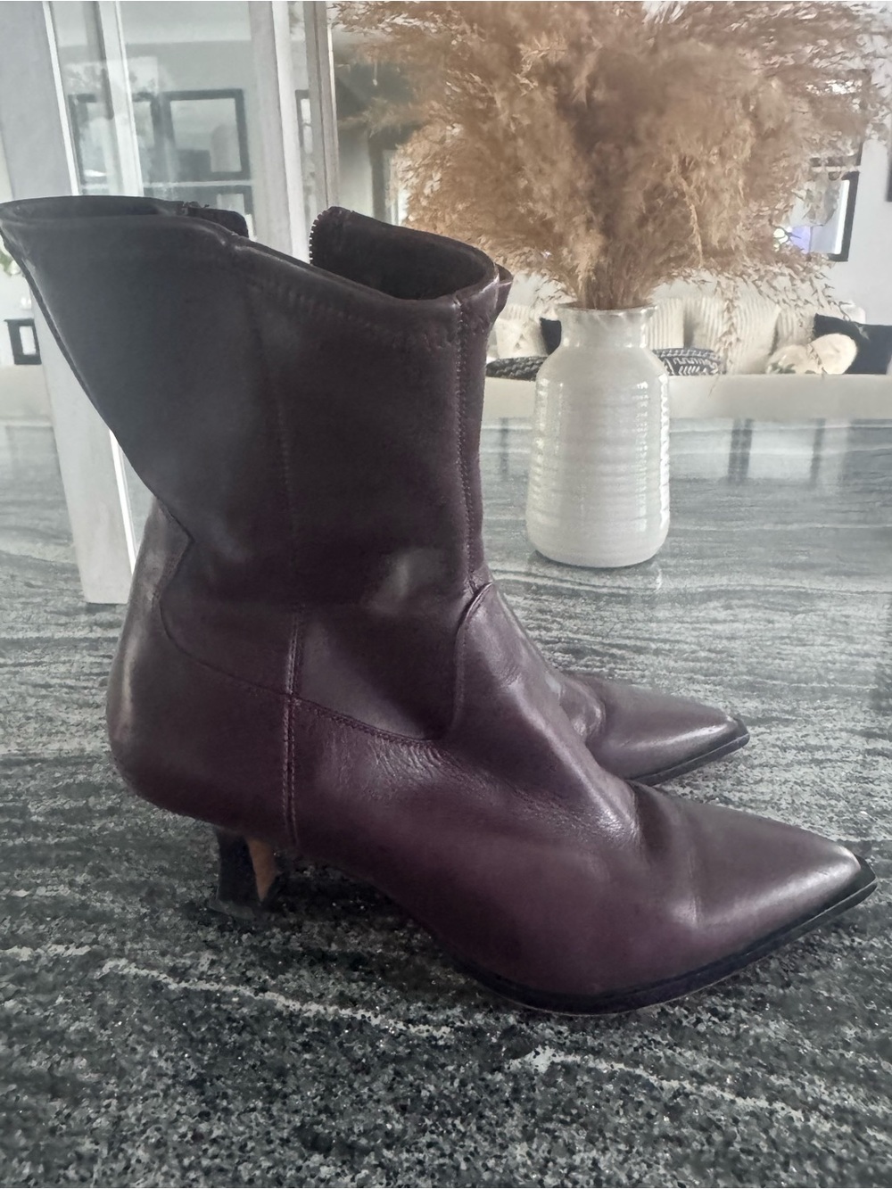 Dolce Vita Pointed-Toe Mid-Calf Leather Boots in burgundy